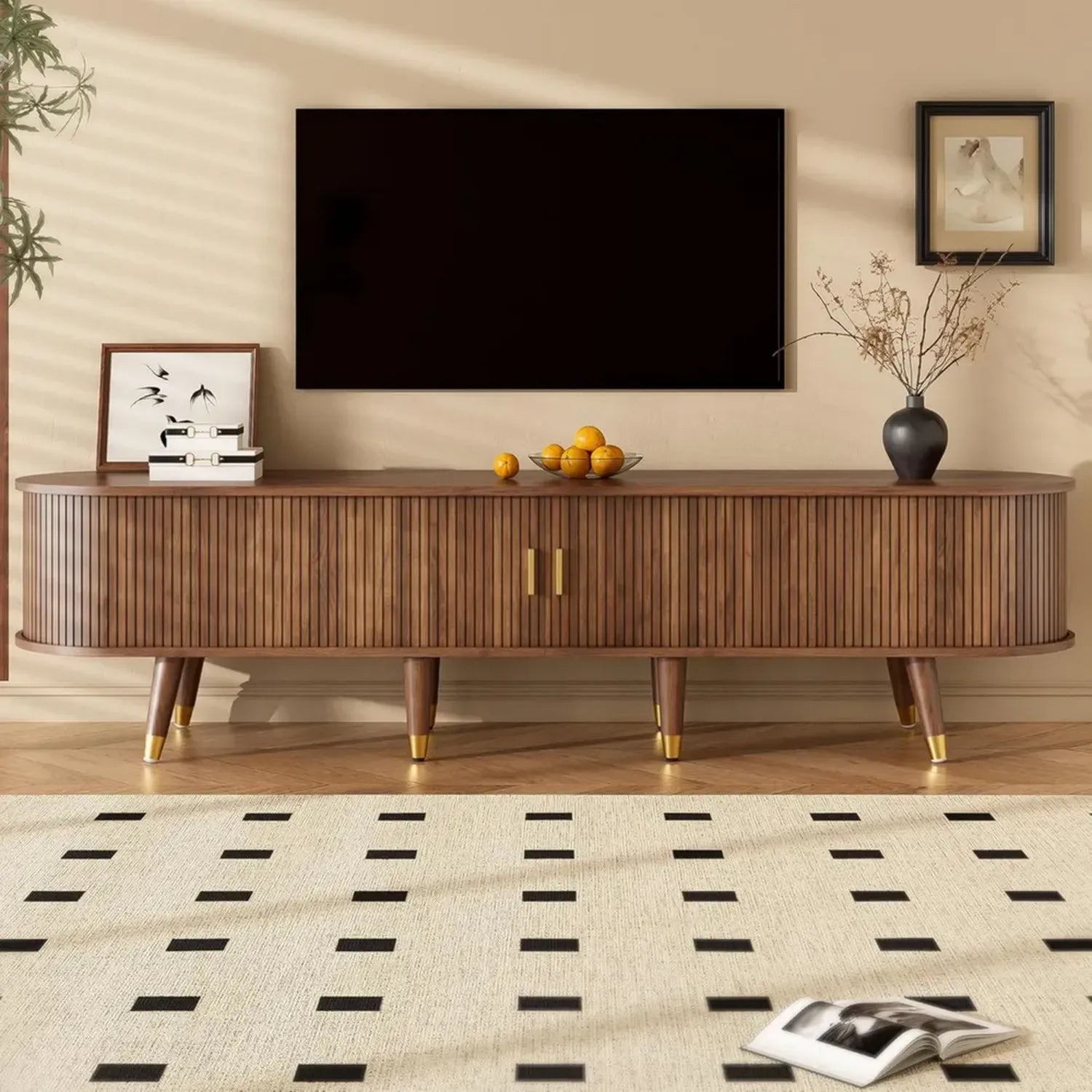 Meuble TV Merax 175 cm, style champêtre, portes rotin coulissantes, finition noyer, grand rangement