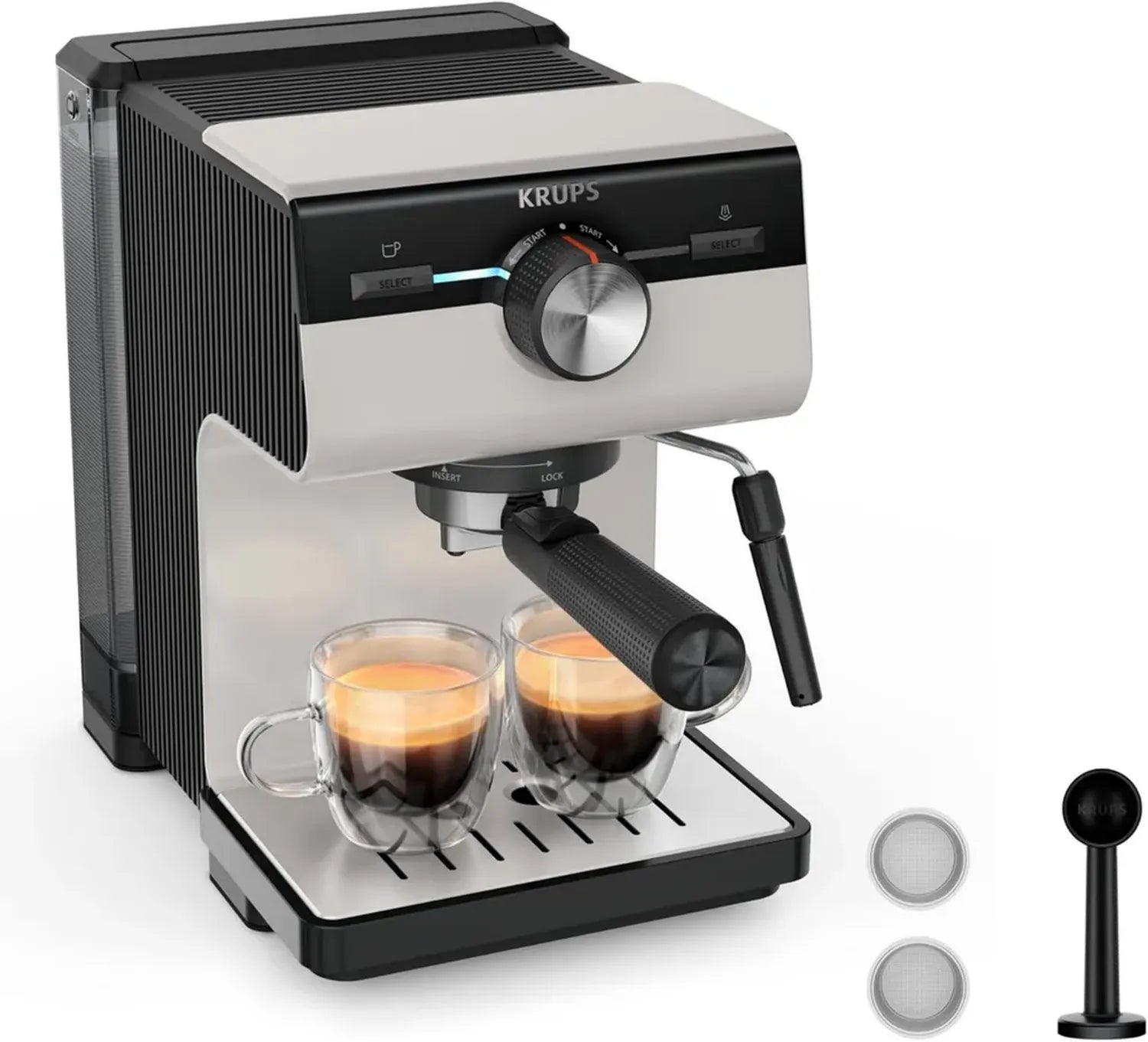 Machine à espresso manuelle KRUPS, Barista professionnel, Espresso et Cappuccino, Buse vapeur, Compartiment à filtres, Gris clair, Modèle Authentic