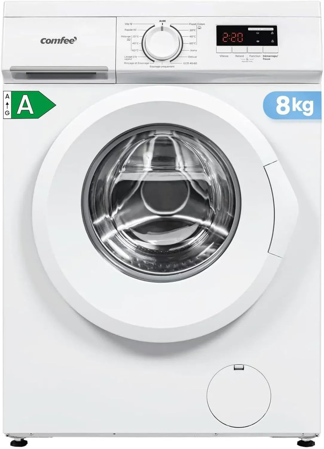 Lave-linge Frontal COMFEE' 8KG, Efficacité Énergétique A, Moteur Silencieux 1400 tr/min, 15 Programmes, Prélavage, Blanc