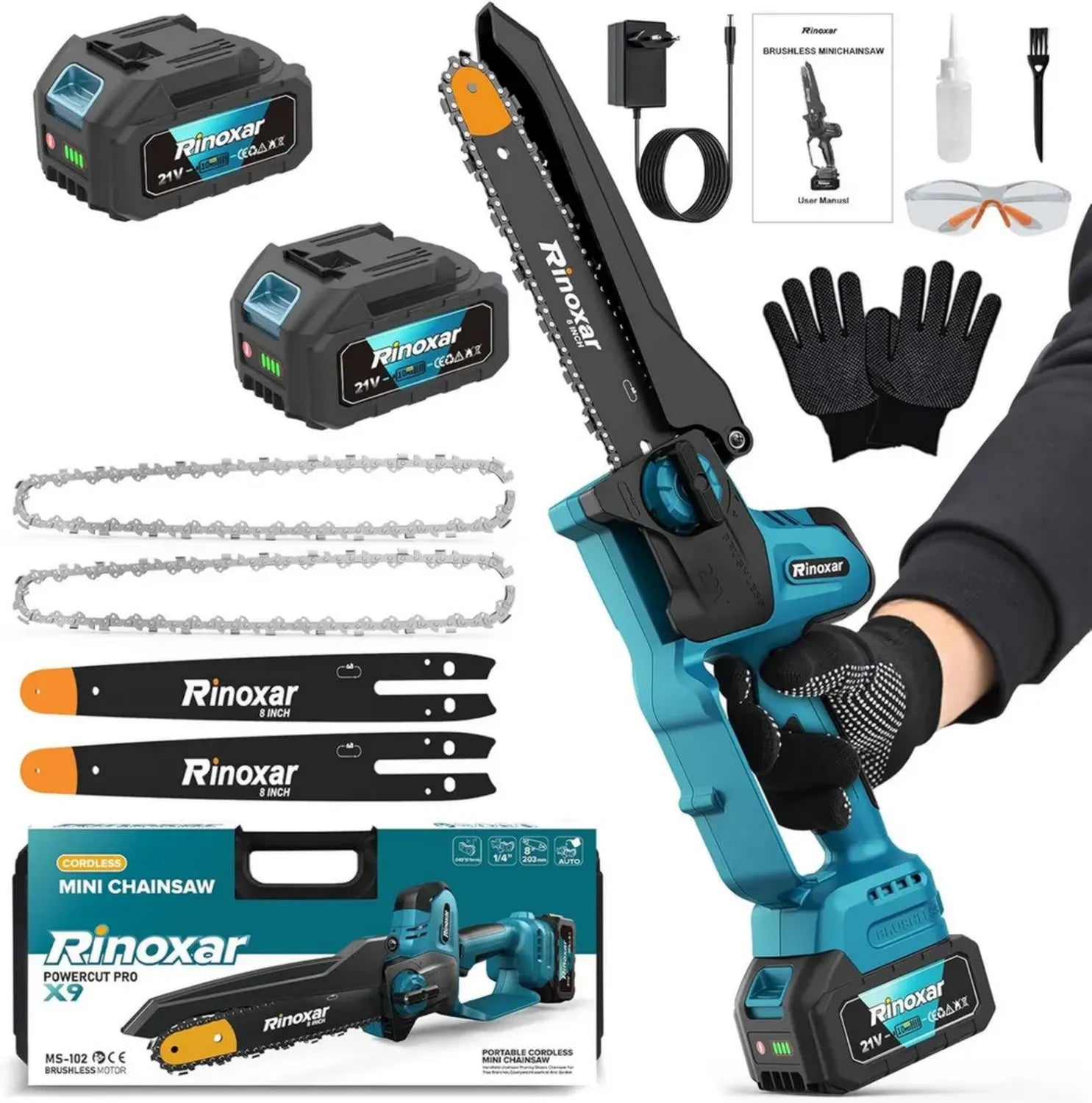 Tronçonneuse Électrique Sans Fil 8 Pouces 20V, Moteur 1300W, avec Graisseur Automatique et Chaîne de Rechange