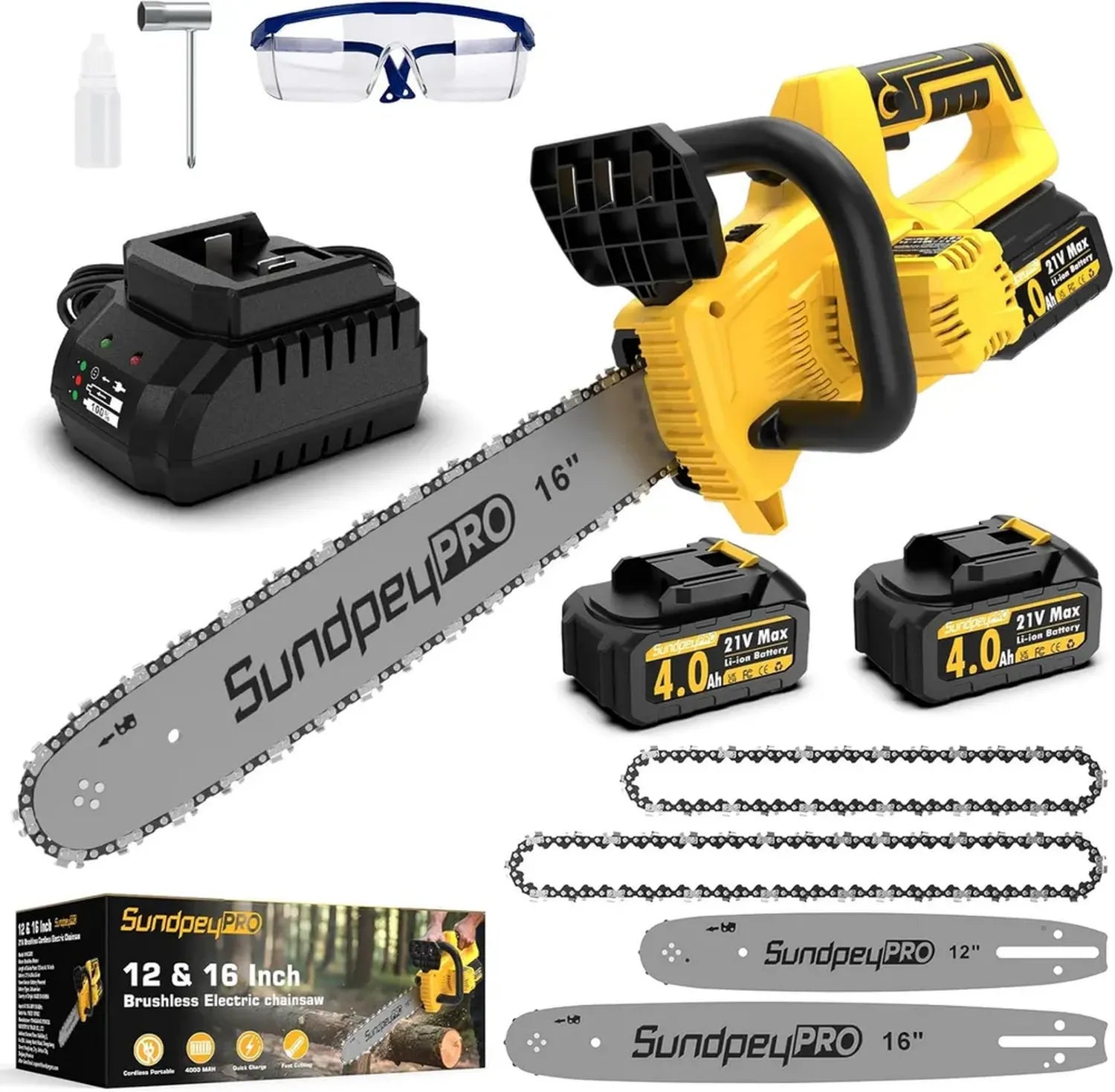 Scie à chaîne sans fil 30,5/40,6 cm avec moteur brushless, 2 batteries 4000 mAh et chargeur rapide