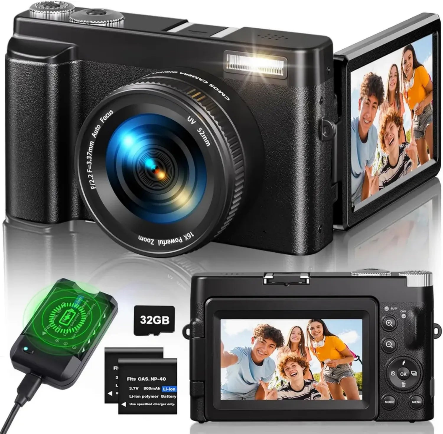 Caméra Numérique 4K 48MP avec Zoom 16X et Écran Pivotant, Autofocus, Flash, Station de Recharge, 2 Batteries, Carte 32 Go pour Débutants et Enfants