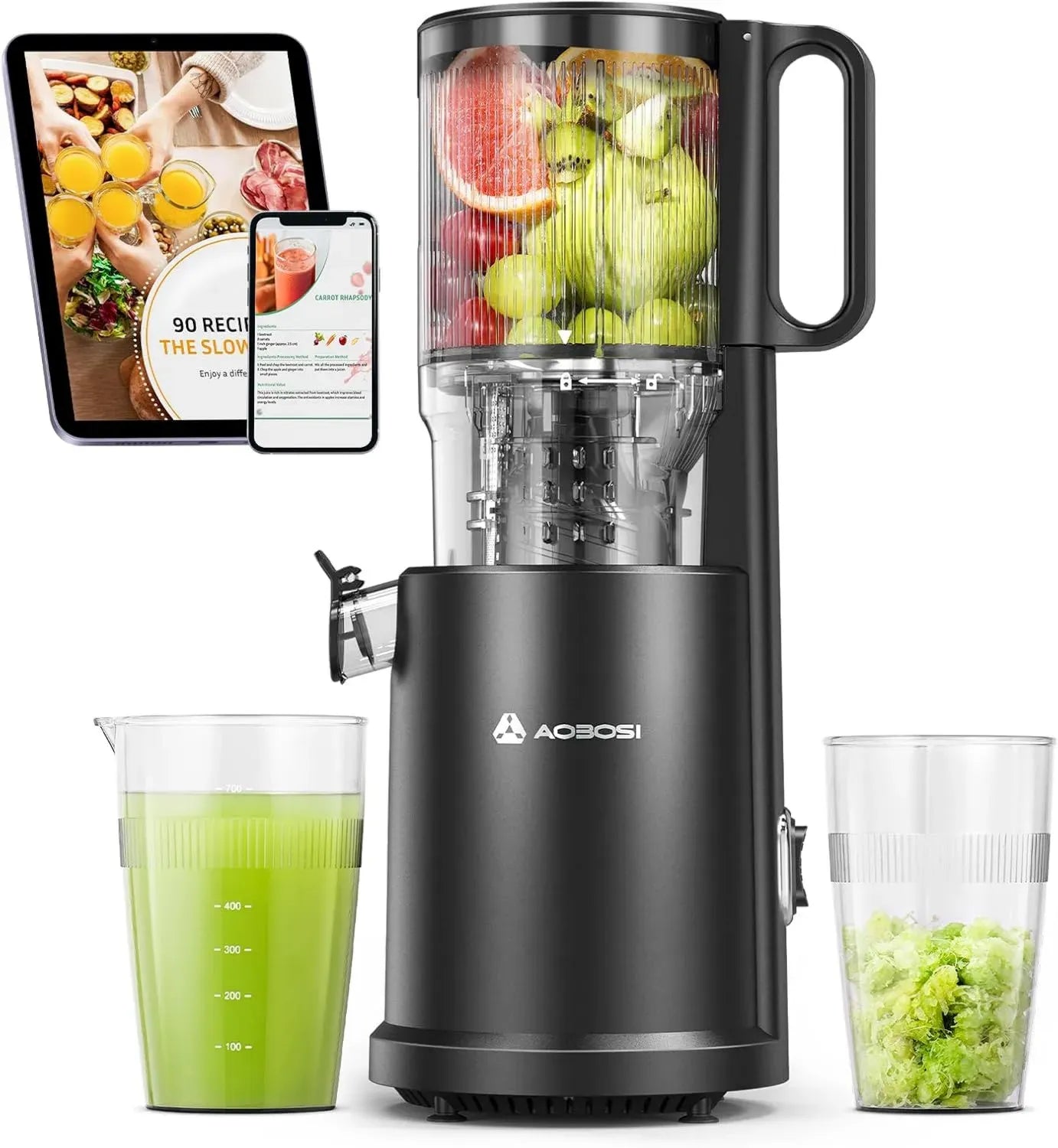 Extracteur de Jus AOBOSI à Froid 200W, Large Ouverture 135 mm, Silencieux avec Vis 8 Étages et Triple Filtration, Nettoyage Facile