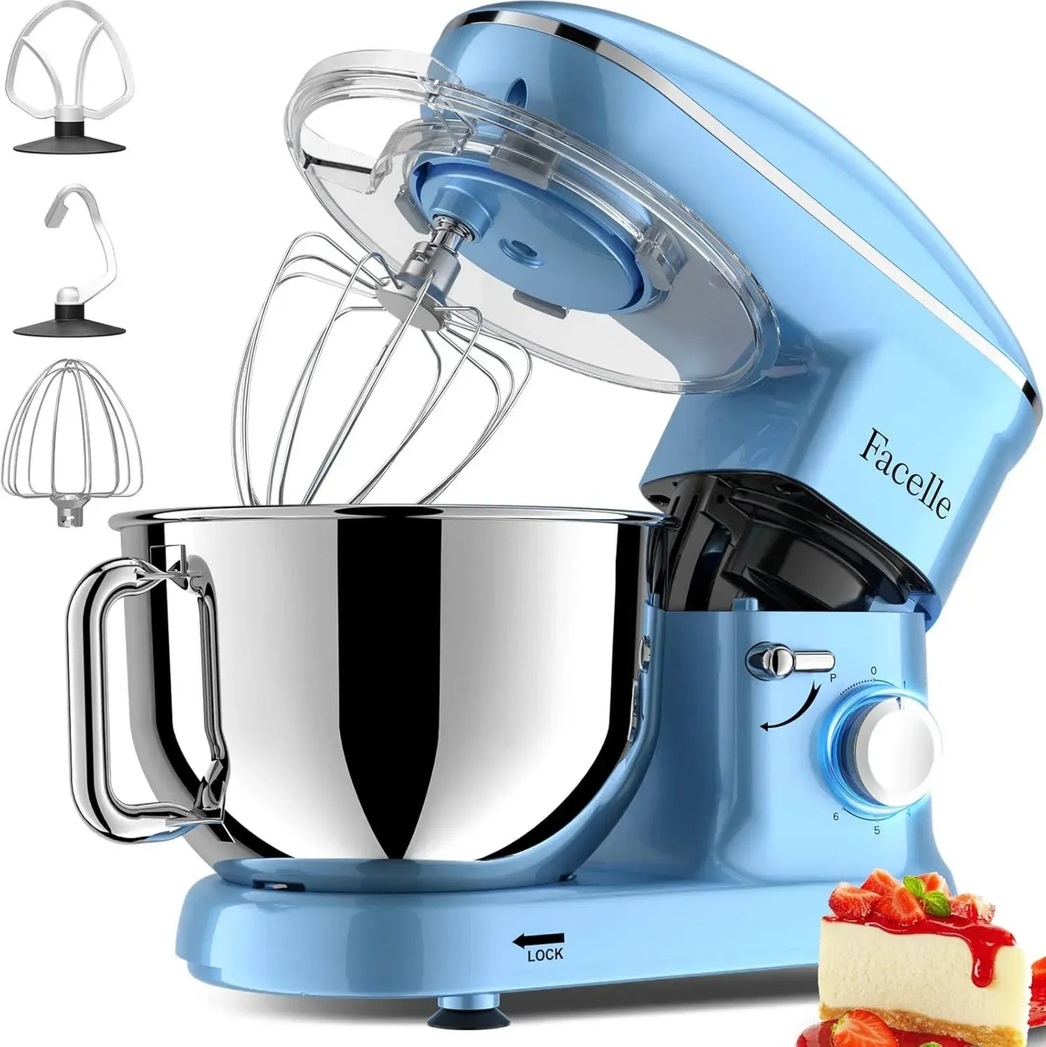 Robot Pâtissier Facelle 1500W, Bol 6,2L, avec Accessoires de Pétrissage, Mixage et Fouet, Protection Anti-éclaboussures, Bleu