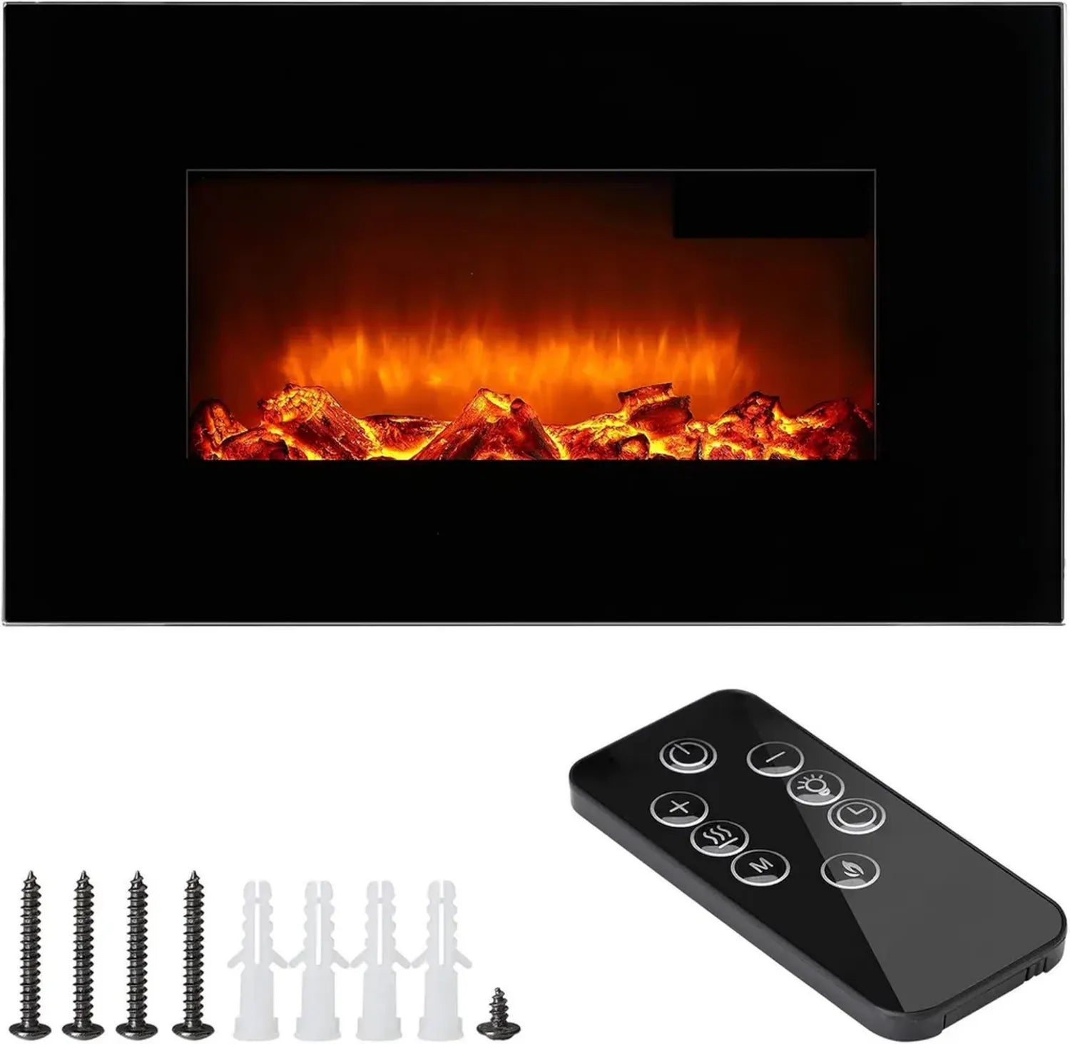 Cheminée Électrique Murale Noire avec Télécommande, 1800W, Illusion de Flamme, Minuterie Intégrée