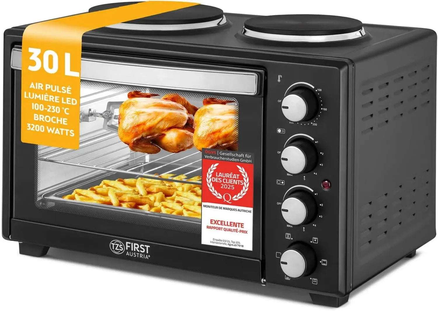 Mini-Four Multifonction 30L 3200 W - Cuisson Pizza, 6 Modes - Température jusqu'à 230°C