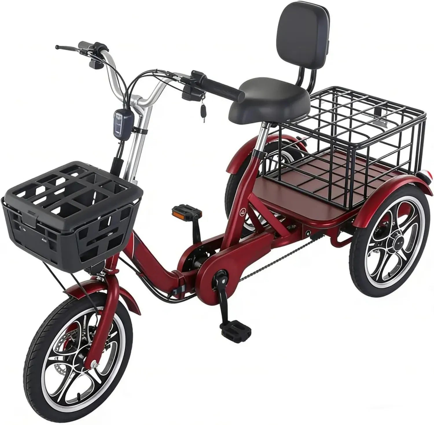 Tricycle électrique pliable 3 roues 400W avec paniers, idéal pour la ville et transports - Charge 200kg - Rouge