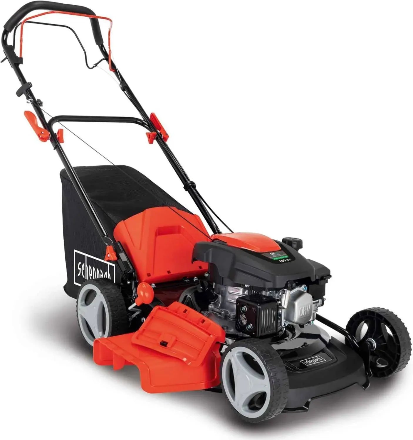 Tondeuse à Gazon Thermique Scheppach 150cc 4T, 46cm, Autotractée, Mulching, 55L