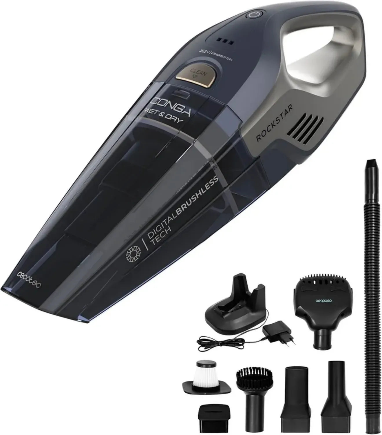 Cecotec Aspirateur à Main Sans Fil Rockstar 25,2V pour Animaux, 200W, 20kPa, Solides et Liquides, Moteur Digital Brushless, Réservoir 500ml, Autonomie 40min, Toutes Surfaces