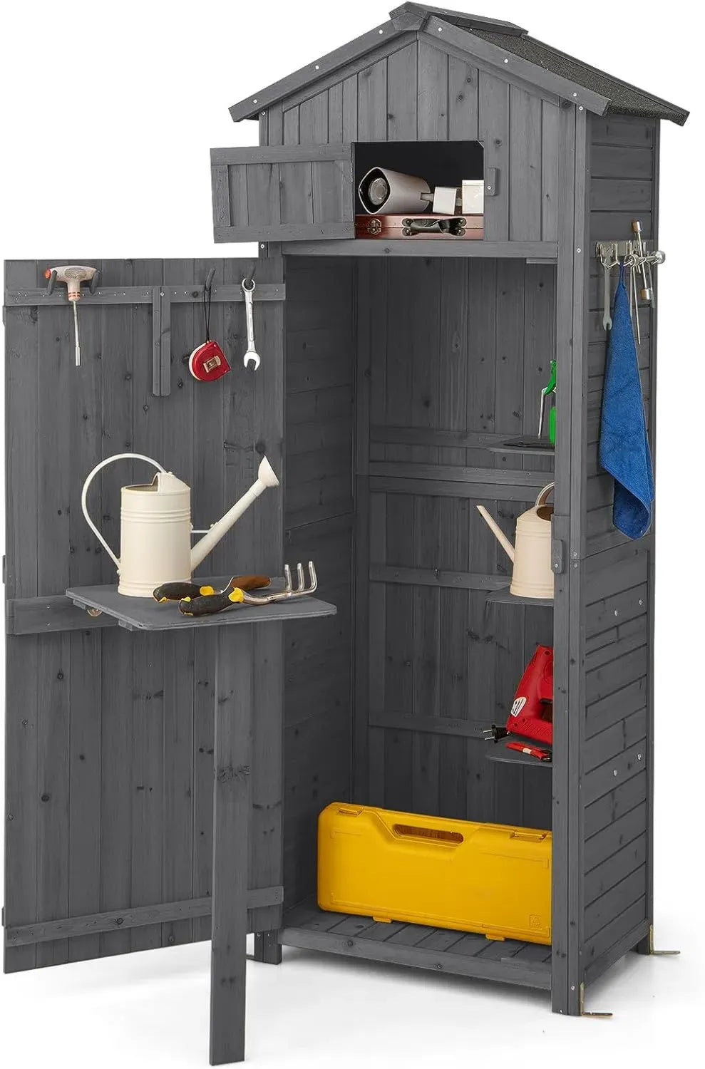 Abri de Jardin en Bois avec Toit Asphalte, 75x50x180,5 cm, Cabane Extérieure avec Porte Sécurisée, Table Pliable, Crochets et 3 Étagères Amovibles, Gris