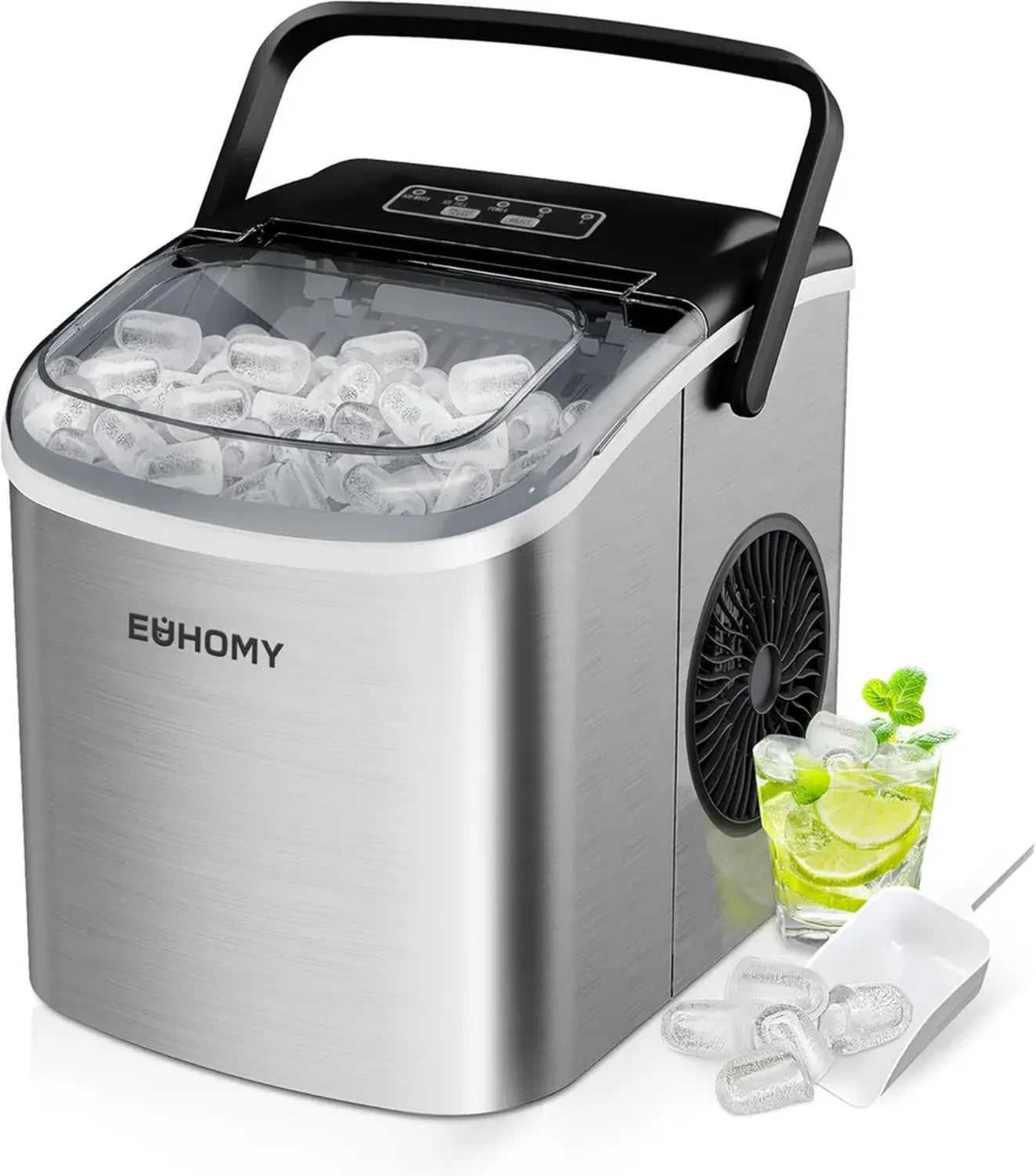 EUHOMY Machine à Glace Inox, 12 kg/24h, 9 Glaçons en 6 Min, Fonction Auto-nettoyage, Silencieuse 45 dB, Avec Poignée et Accessoires, Couleur Argent