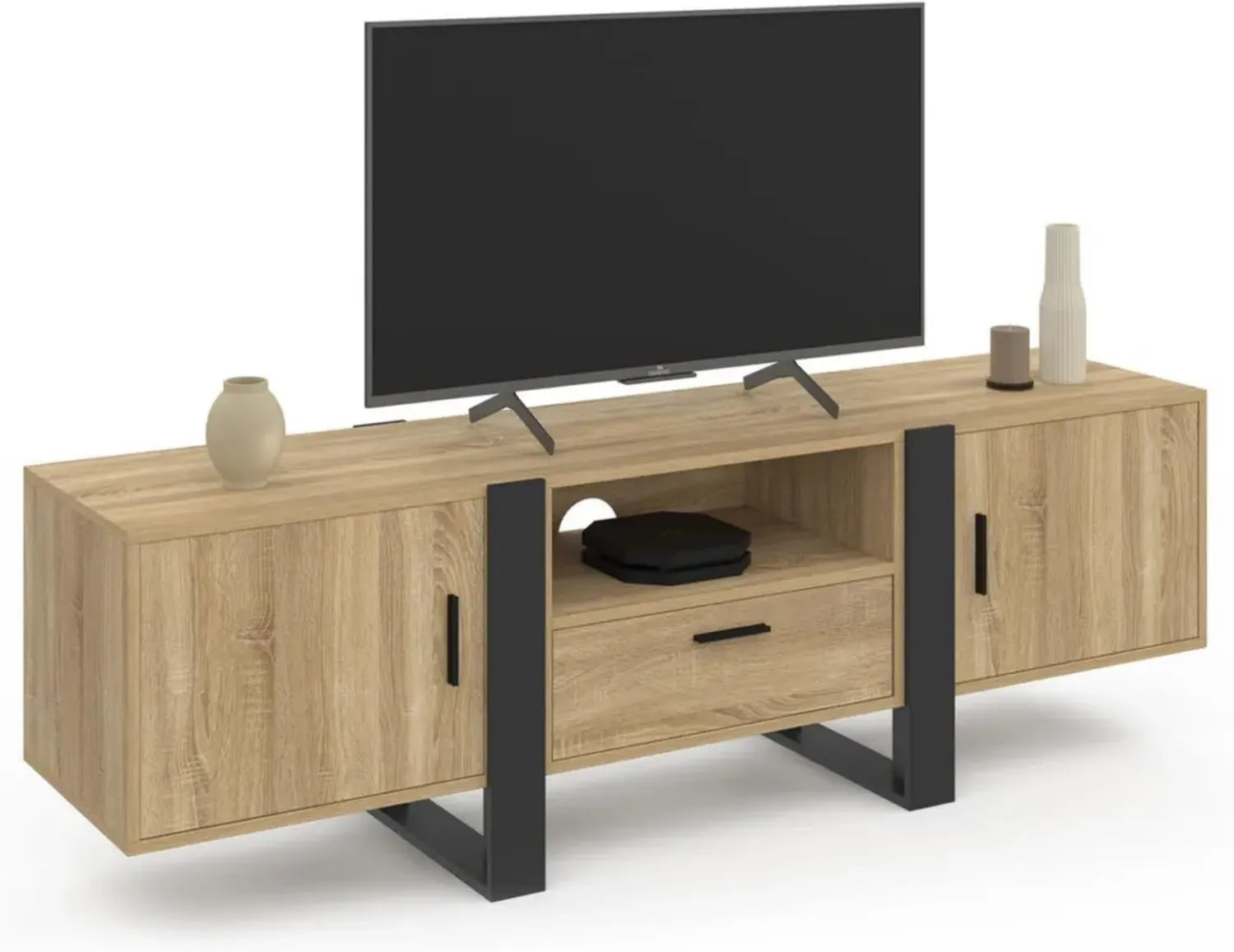 Meuble TV Moderne 160 cm Phoenix avec Rangements en Bois et Noir