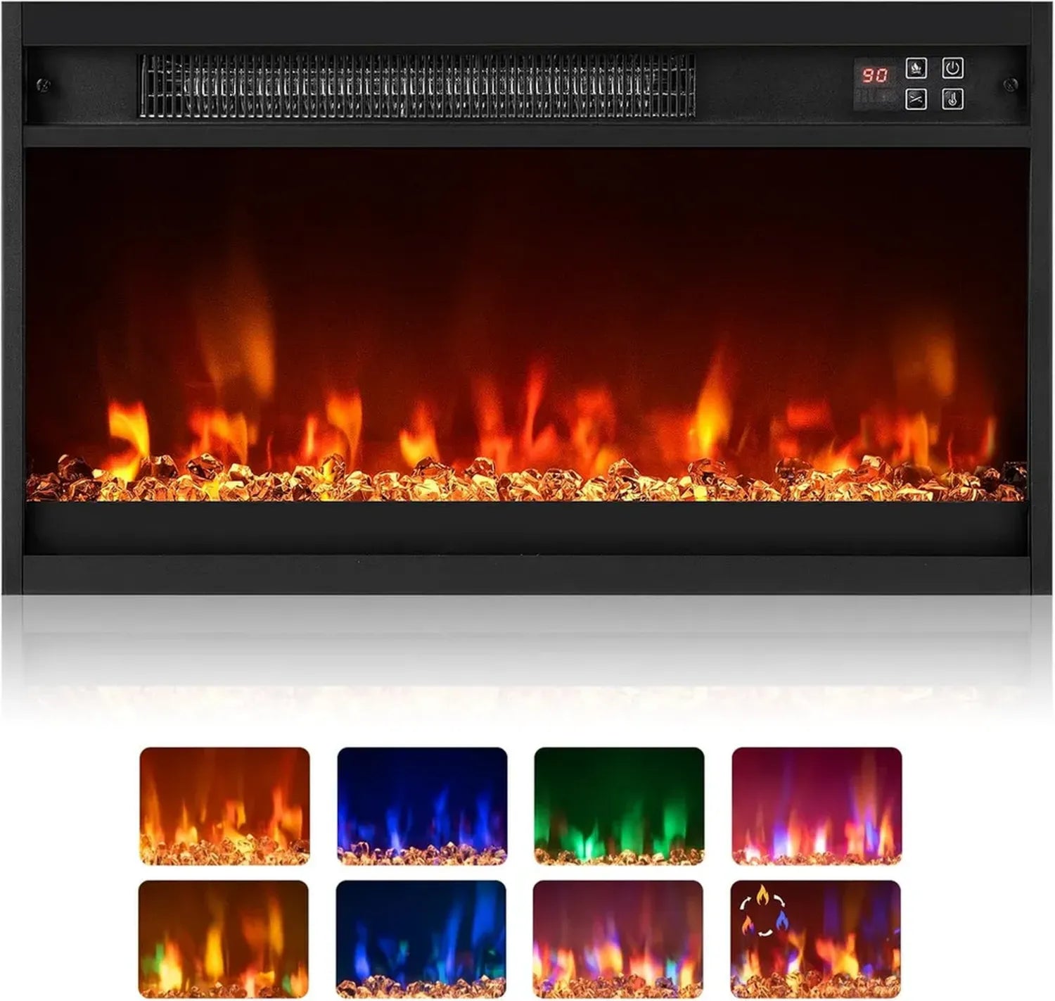 Insert Électrique 1500W avec Effet Flamme LED Multicolore, Chauffage Réglable et Télécommande
