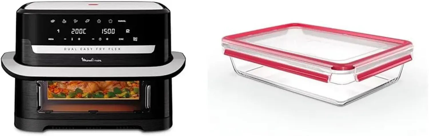 Friteuse à Air Moulinex Easy Fry Dual Flex 9L avec Séparateur, 7 Programmes, pour 8 Personnes, Noir, + Boîte de Conservation en Verre Emsa 3L Clip&Close