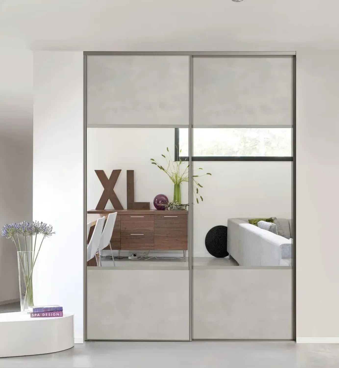 Portes de Placard Coulissantes 2 Pièces 250x150 cm, Effet Minéral, Miroir Argent, Profils Gris