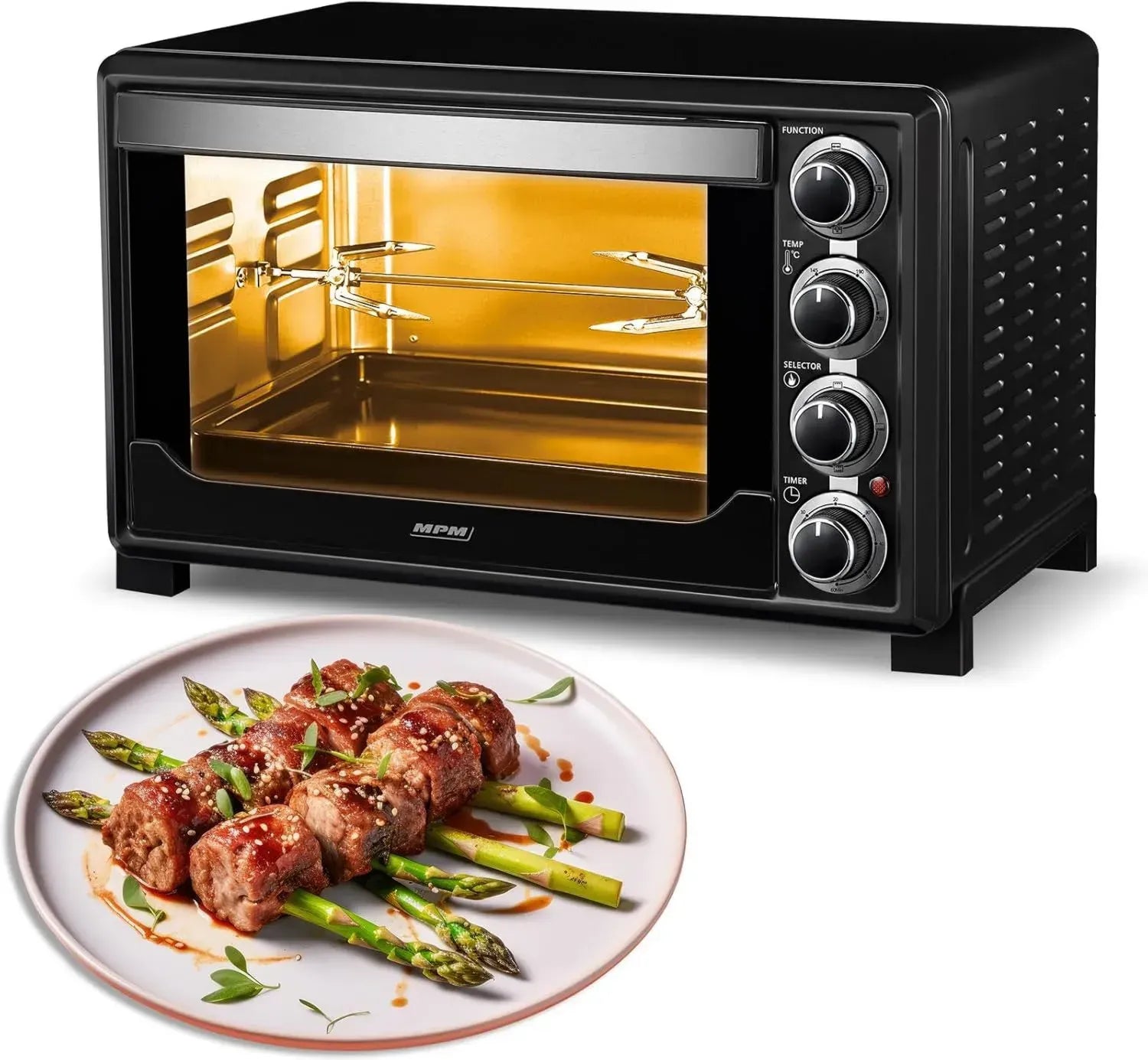Four à convection électrique 32L avec rôtissoire, double porte en verre, 5 modes de cuisson, minuterie intégrée, 1600W - Noir