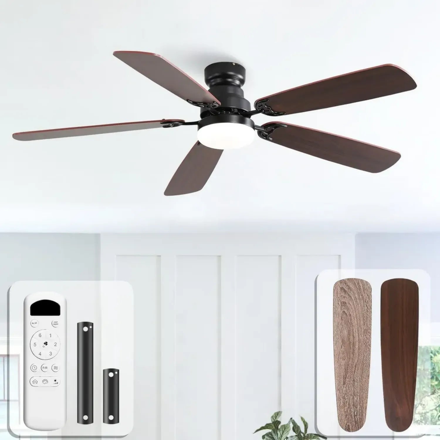 Ventilateur de Plafond LED Sofucor avec Télécommande, 132 cm, Silencieux, 6 Vitesses Réversibles, Minuterie, Éclairage Dimmable pour Chambre
