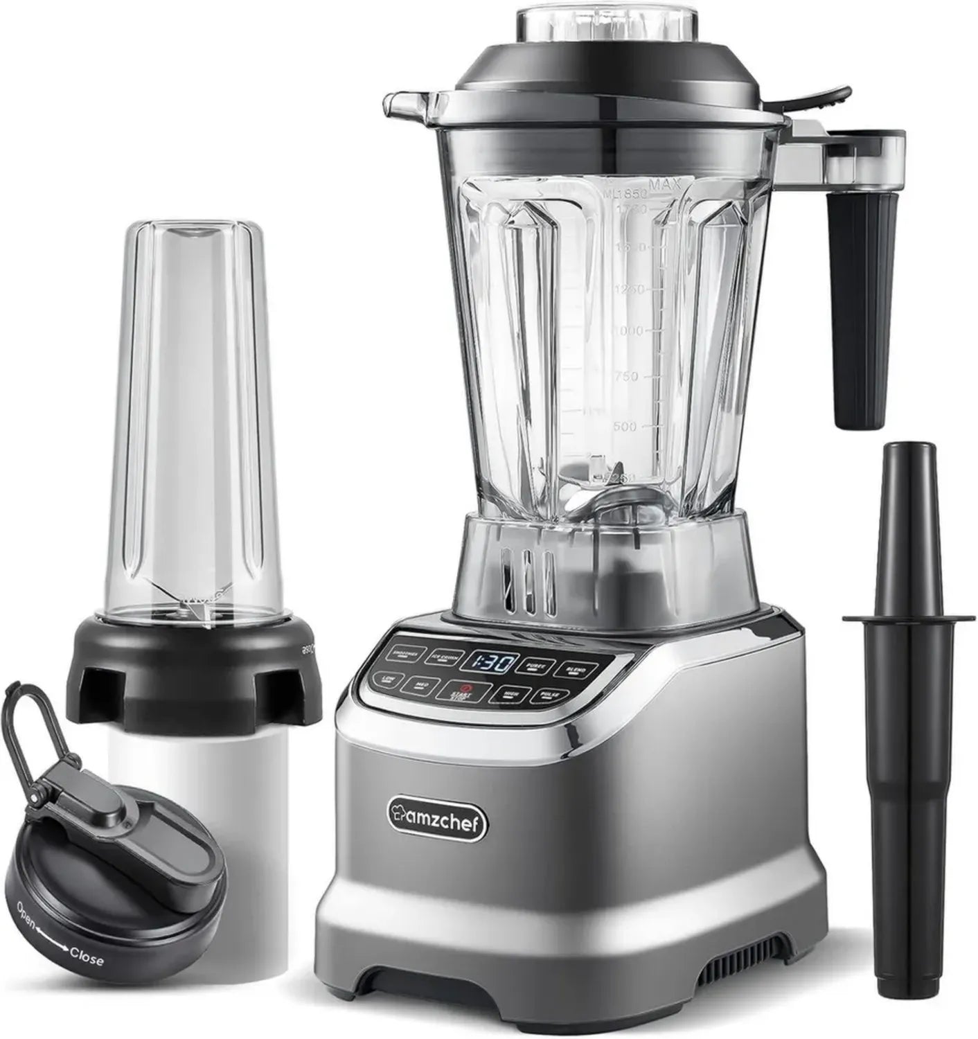 Blender Professionnel AMZCHEF 1800W avec Bol 1,85L et Mini Mixeur 600ml - 6 Lames Puissantes - Gris