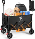 Chariot de Transport Tout Terrain 120L avec Poignée Ajustable et Frein, Cadre Acier pour Jardin et Camping