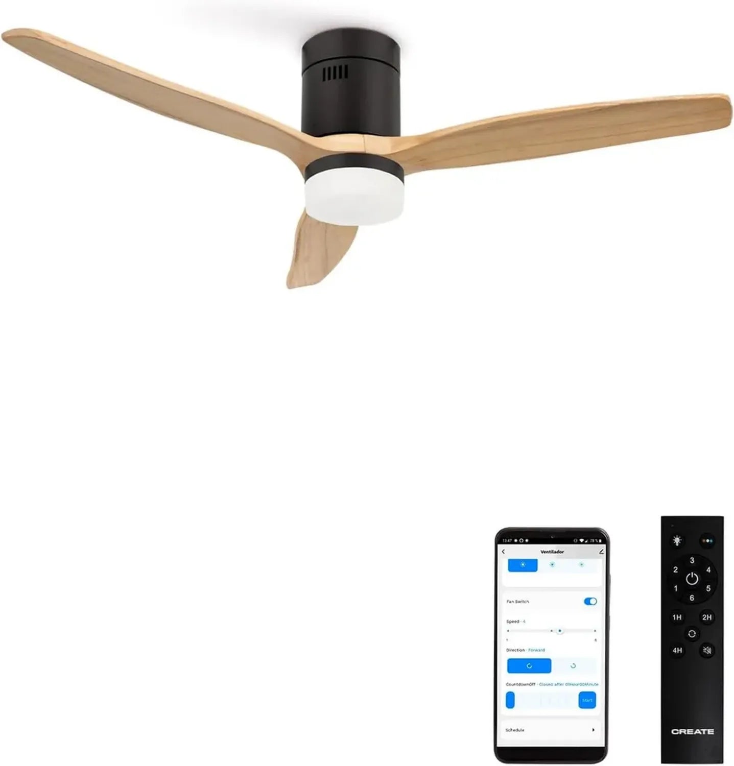 Ventilateur de Plafond Silencieux avec Lumière et Télécommande, Pales Effet Bois Noir, 6 Vitesses, 3 Températures, Fonction Été/Hiver, 112 cm