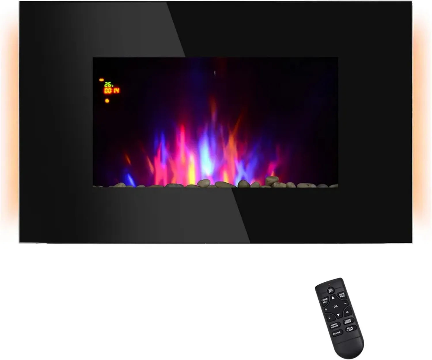 Cheminée Électrique Murale LED avec Télécommande et Thermostat, 7 Effets de Flammes, 7 Couleurs Ambiance, Minuterie, 1000-2000W, Noir