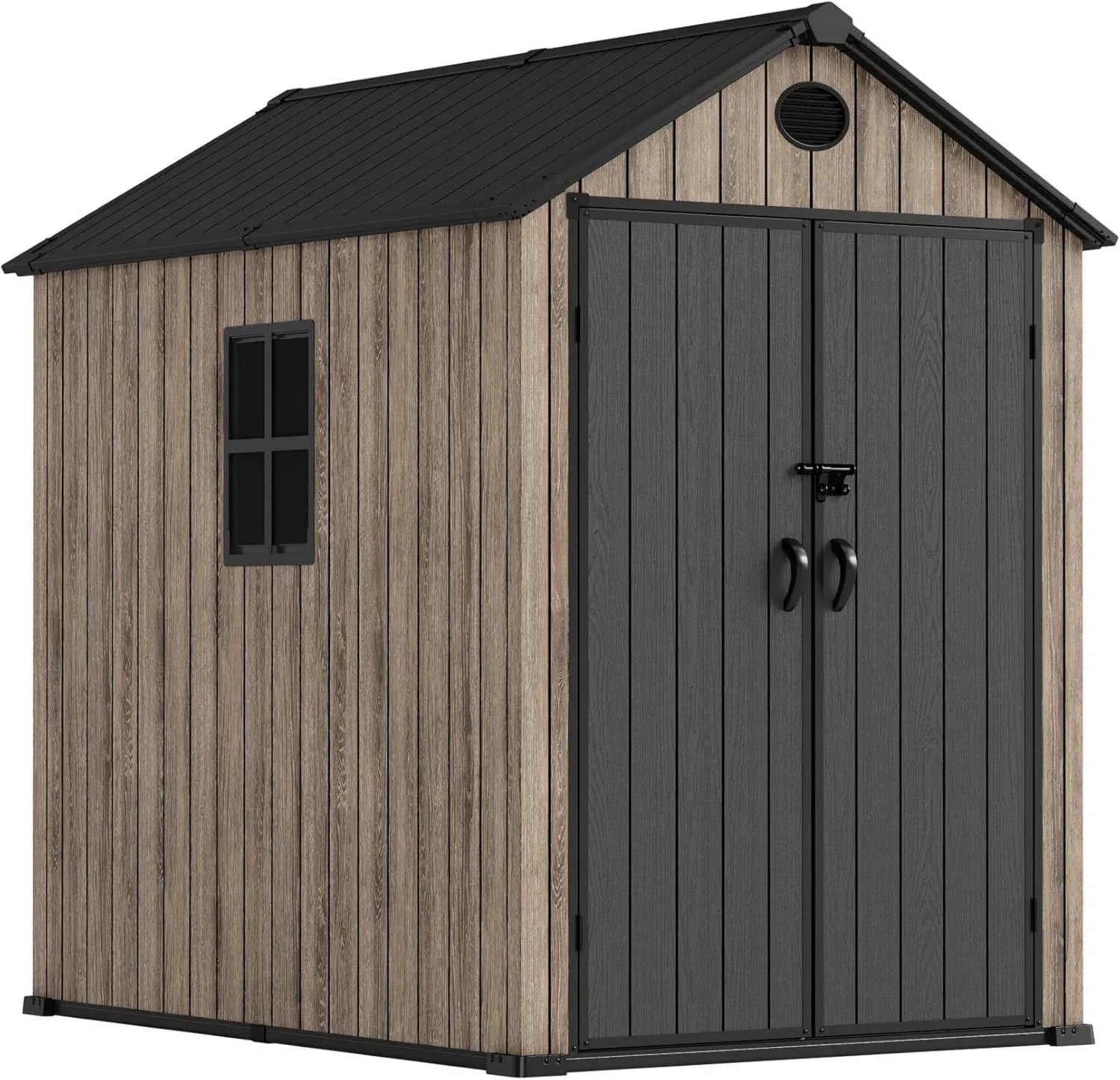 Abri de Jardin en Résine 3,62 m² avec Sol et Fenêtre - Design Bois Haut de Gamme - Double Porte Large - Résistant aux UV et Imperméable - Sécurité par Goupille - Ventilation
