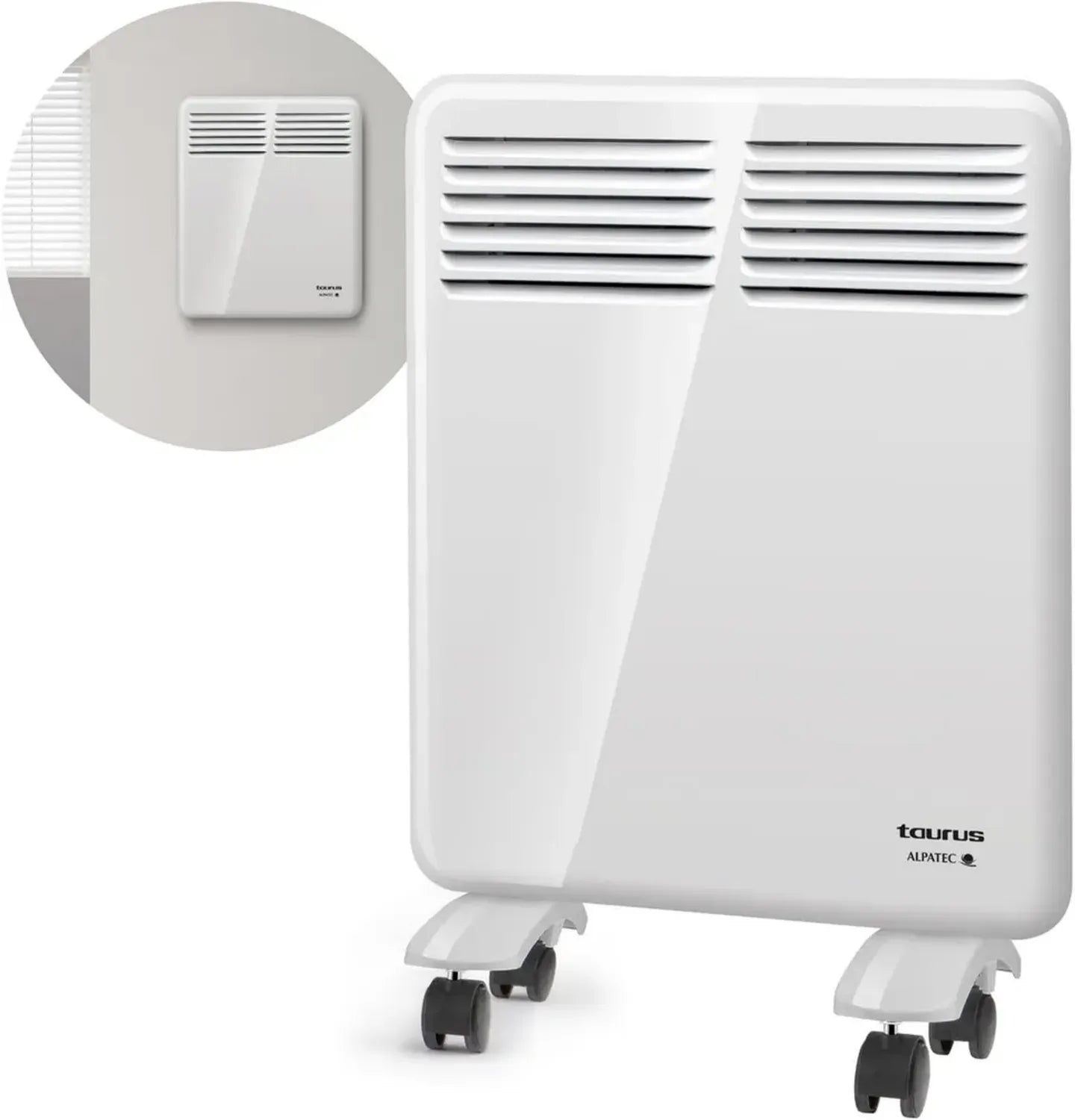 Taurus CHTA 500 - Radiateur électrique 500W, IP24, idéal pour salle de bain, montage mural, affichage numérique, programmable, sécurité anti-surchauffe, détecteur fenêtre ouverte, blanc