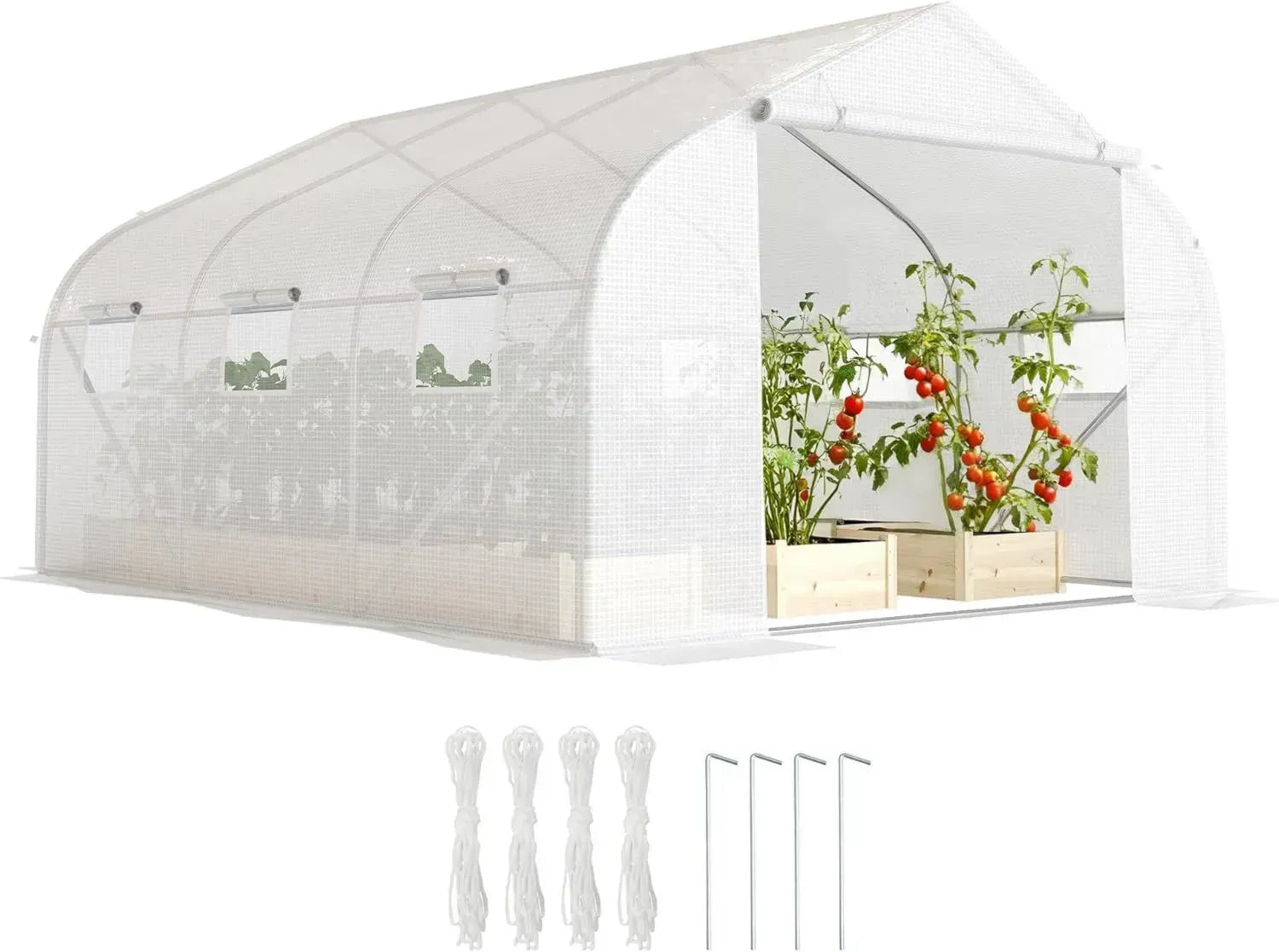 Serre Tunnel de Jardin Outsunny 13,35 m² avec Porte et 6 Fenêtres, Structure Acier Galvanisé, Bâche PE Haute Densité, 4,5 x 3 x 2 m
