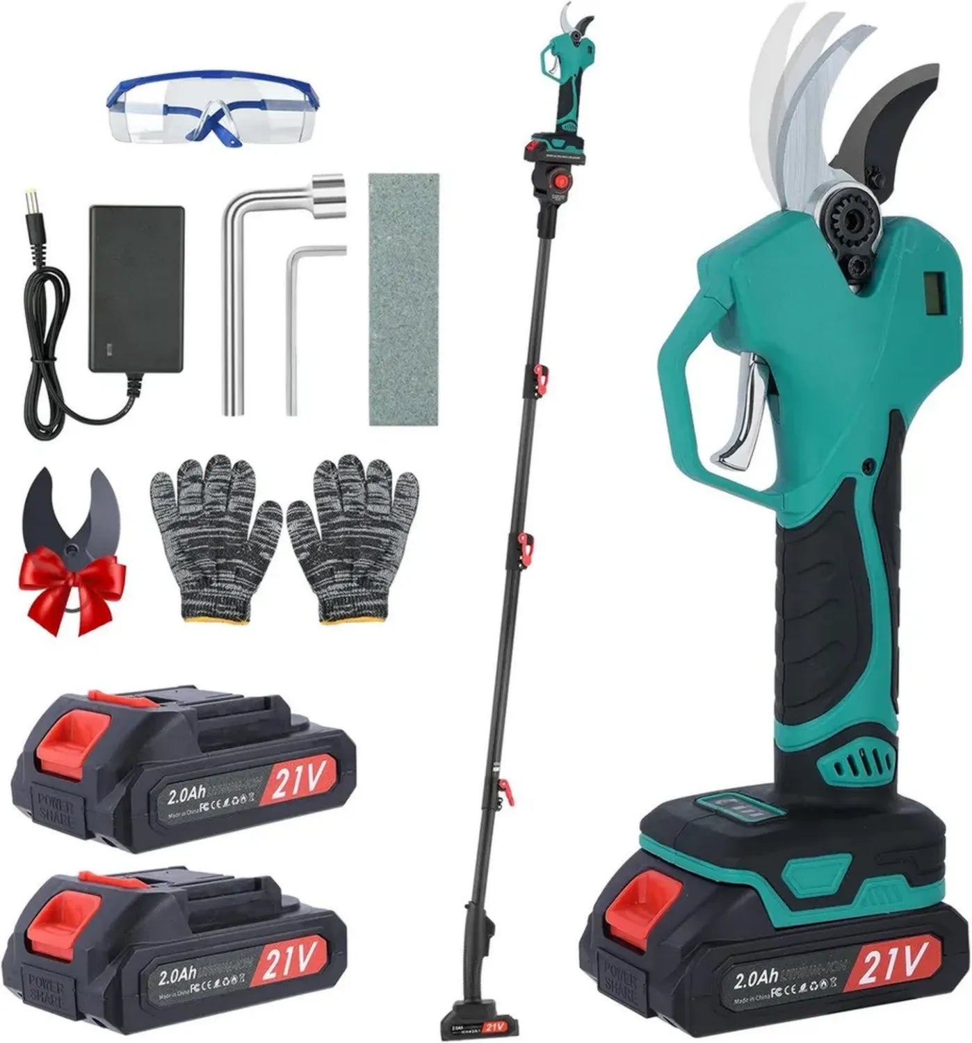 Sécateur Électrique sans Fil avec Perche Télescopique et Écran - Capacité de Coupe 40 mm, 2 Batteries 2000 mAh - 3 Niveaux de Réglage pour Jardins et Vergers