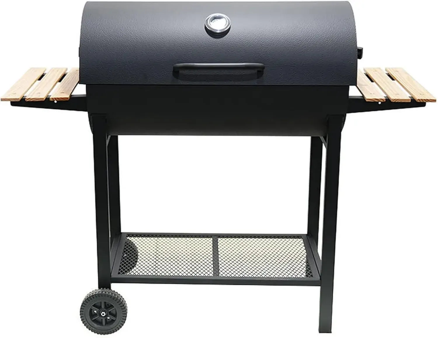 Grill à Charbon Extérieur avec Contrôle Température Précis, Étagères Multizones, Nettoyage Facile, Structure Métallique et Bois, Surface de Travail Double Face sur Roulettes