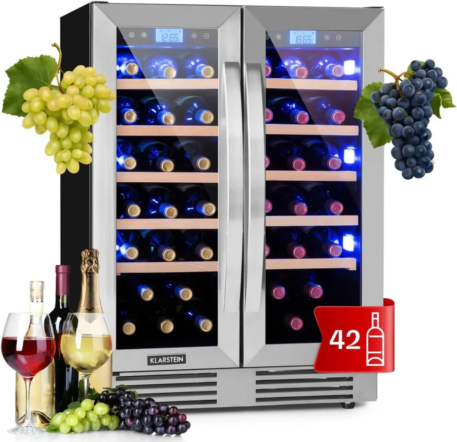 Cave à vin Klarstein Vinovilla Duo42, 126 L, Éclairage LED multicolore, 2 zones, 10 clayettes bois