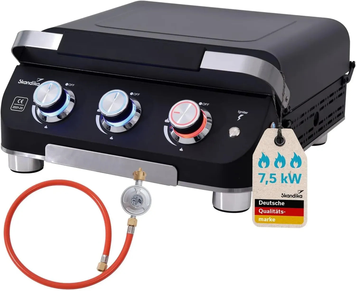 Plancha à Gaz Mobile Skandika Palo 3 Brûleurs avec Égouttoir pour Camping et Jardin