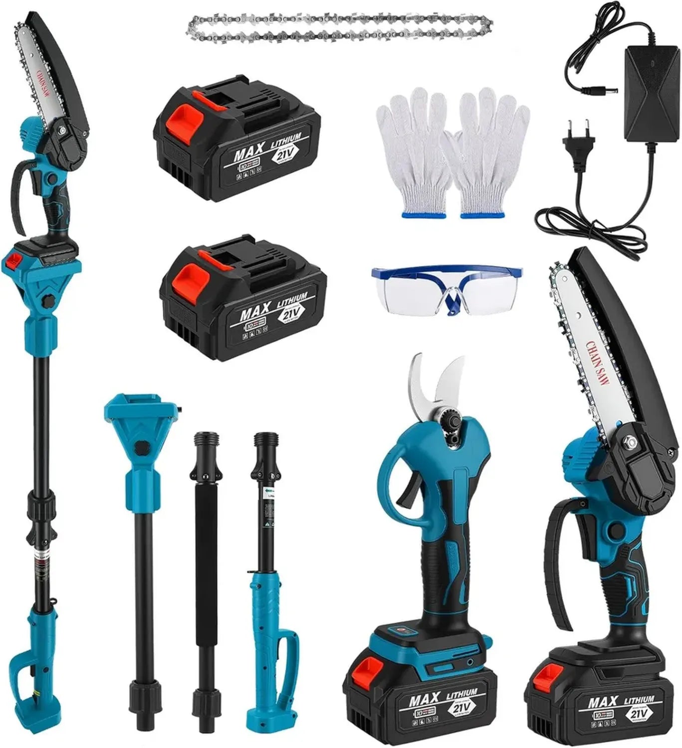 Outil de Jardinage Multifonction 4 en 1 sans Fil avec Perche Réglable, Tronçonneuse et Sécateur Électriques, 2 Batteries Incluses