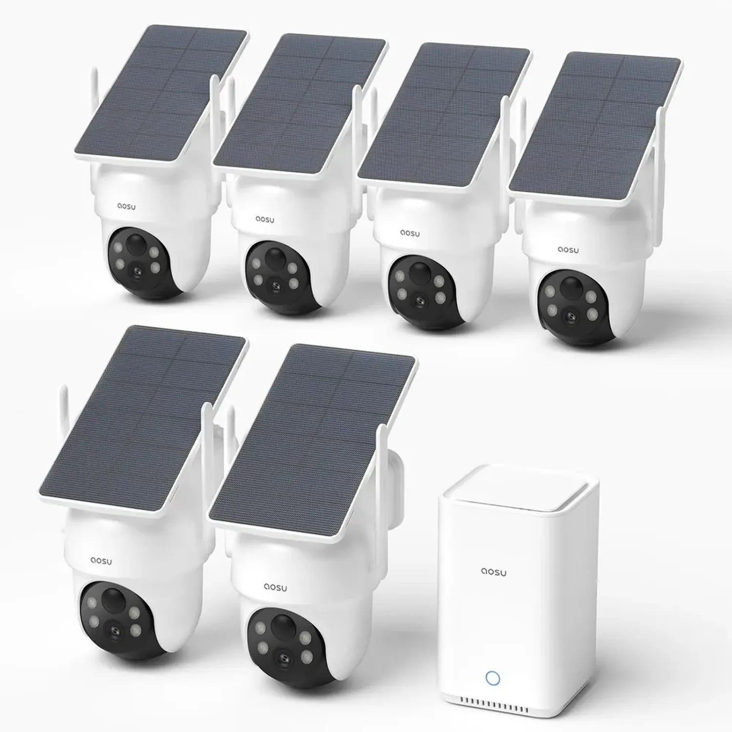 Caméra de Surveillance Solaires 3K Aosu, Kit de 6 Caméras 5MP & Base Aosu 2.0, Stockage Local 32 Go Extensible à 1 To, Détection Intelligente PTZ 360° pour Personnes et Véhicules, Sans Abonnement