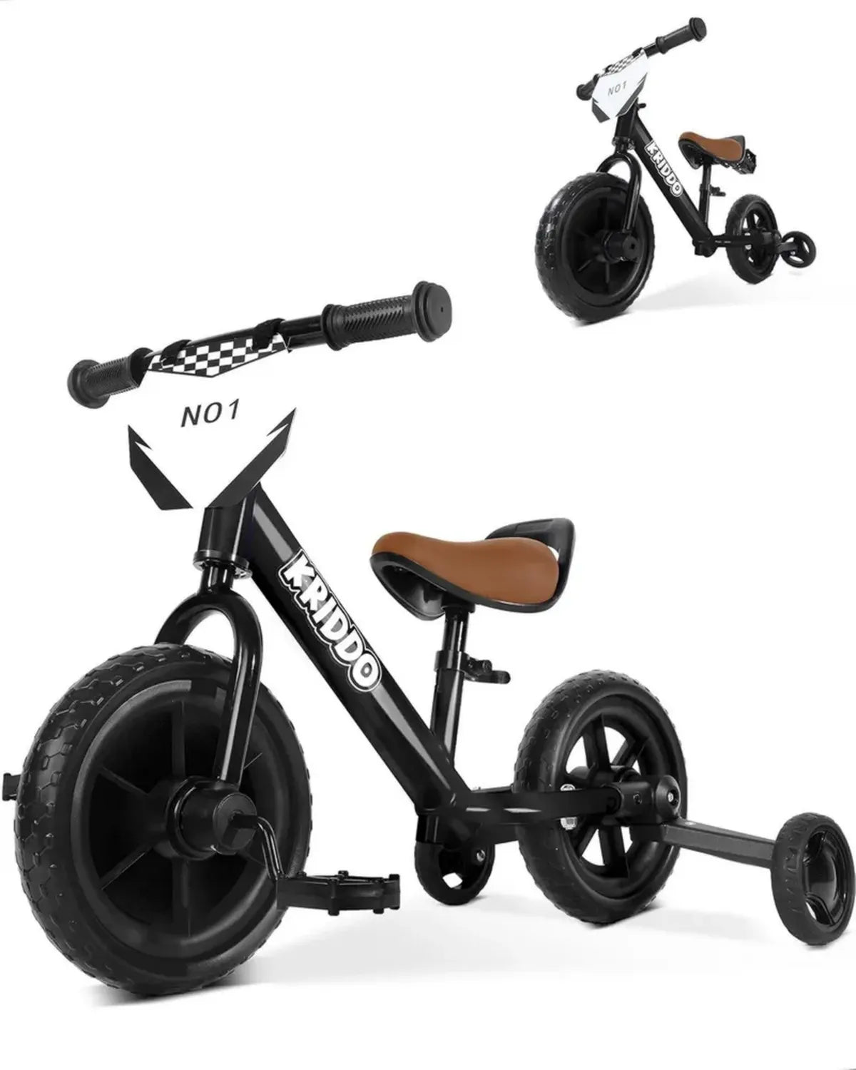 Tricycle Évolutif KRIDDO 2-en-1 pour Enfants, Pédales Amovibles et Roues Repliables, Âge 2-5 Ans, Plaque Personnalisable, Jouet pour 18 Mois à 3 Ans, Noir
