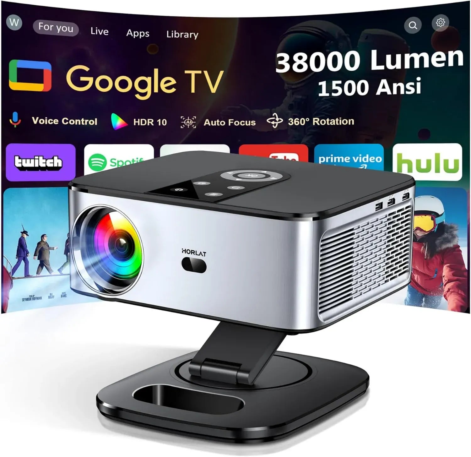Projecteur 4K UHD 1500 ANSI, TV Intégrée Google et Netflix, Autofocus avec WiFi 6 et Bluetooth 5.2, Compatible HDR10, 38000 Lumens pour Cinéma à Domicile