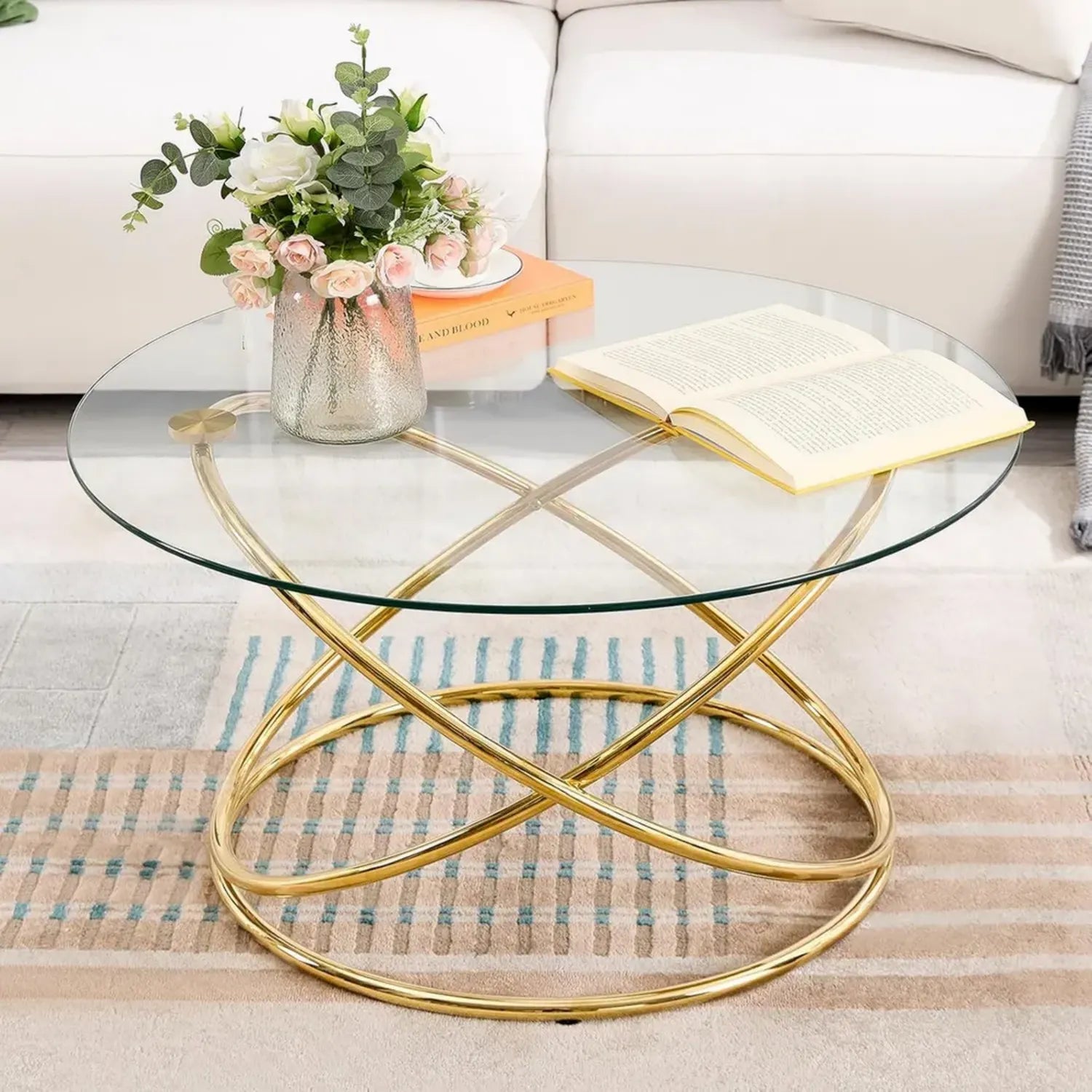 Table basse ronde en verre avec pieds en métal doré pour salon, chambre ou bureau