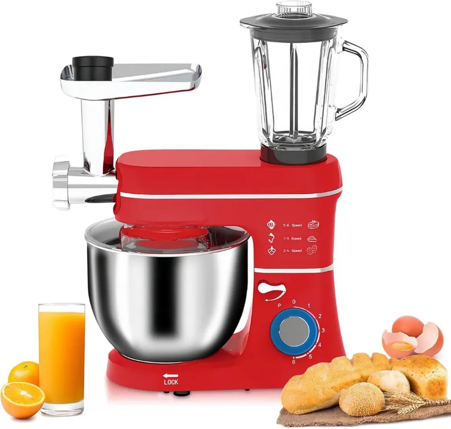 Robot Culinaire 5 en 1 avec Mouvements Planétaires, Hachoir à Viande, Presse-Agrumes 1,5L et Bol en Acier Inox 10L, Rouge