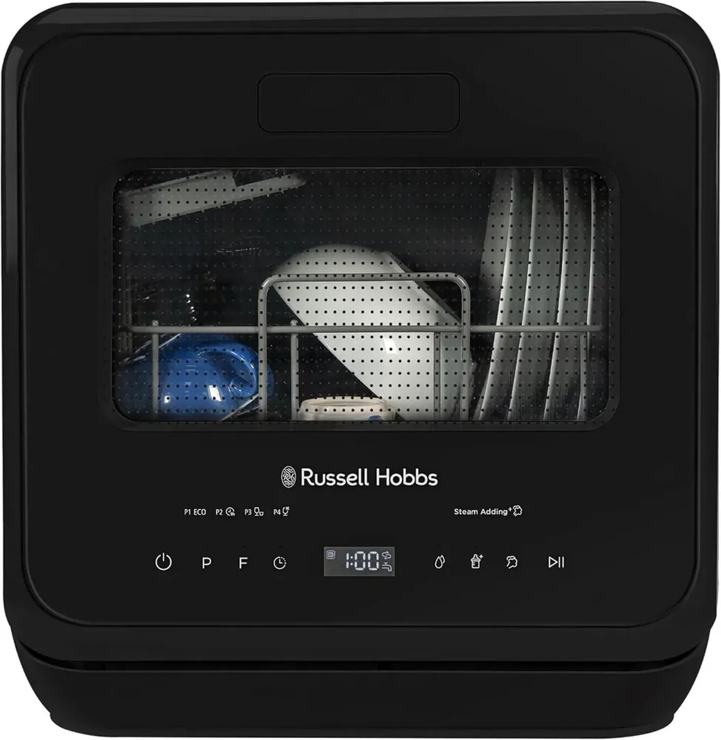 Mini Lave-vaisselle Compact Noir 2 Places Russell Hobbs avec LED Tactile, 4 Programmes Eco et Soin Bébé