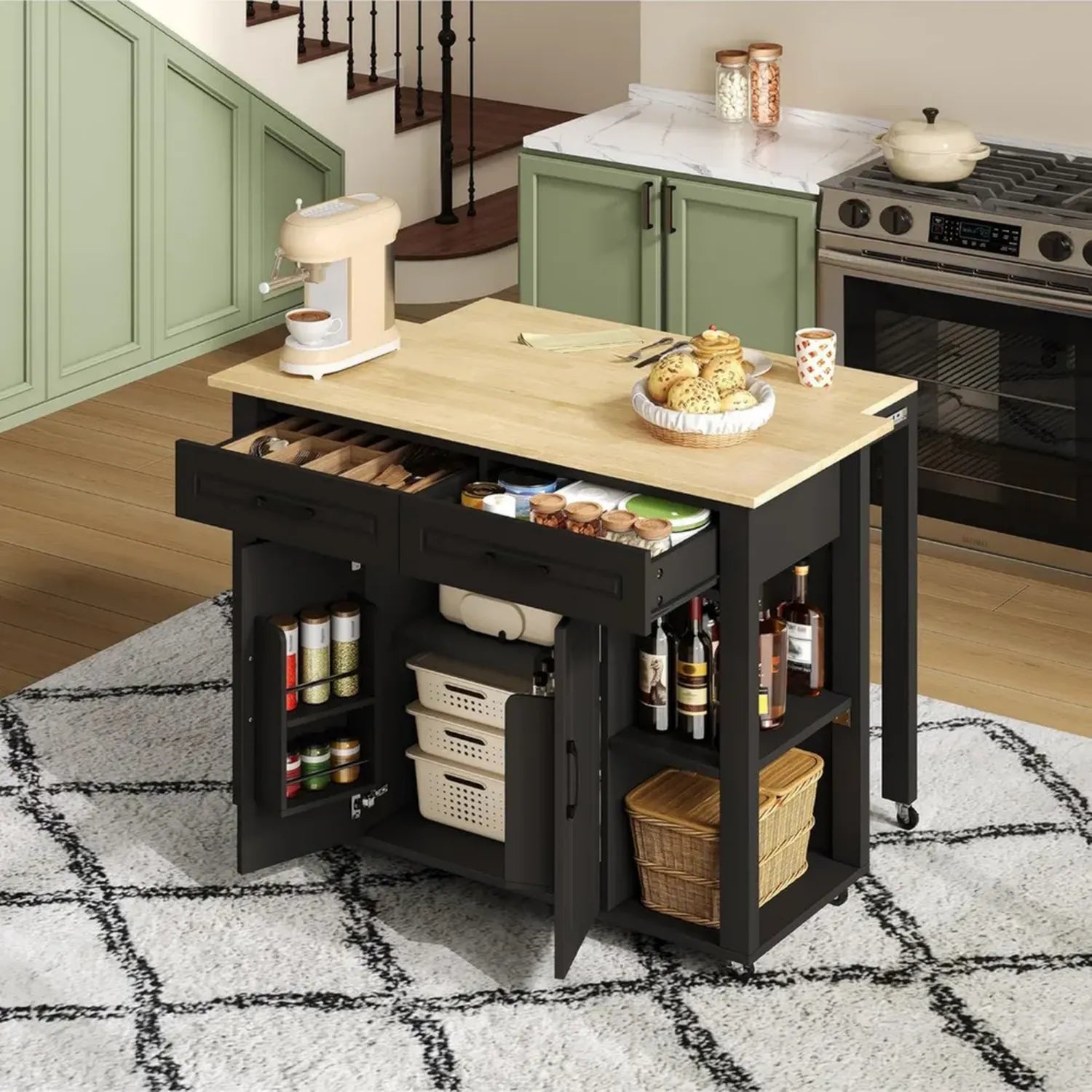 Chariot de Cuisine Extensible avec Comptoir de Bar et Prises, Noir et Naturel, 120 cm