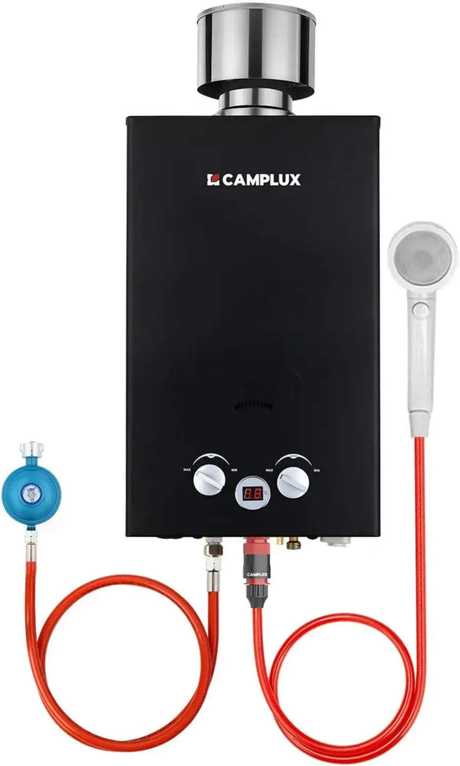 Chauffe-eau à gaz instantané Camplux 10L avec capuchon inoxydable, idéal pour camping et activités extérieures