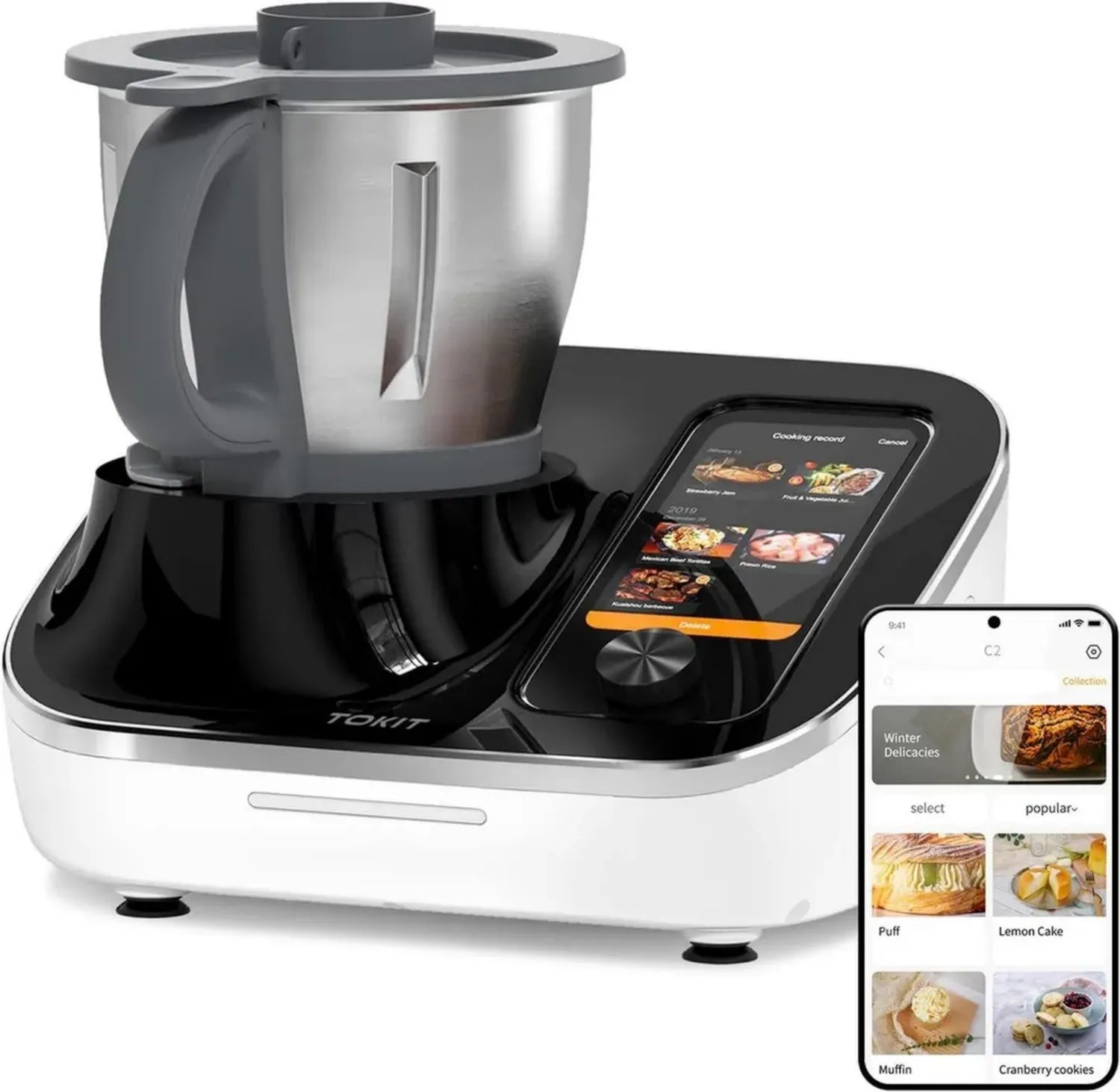 Robot de Cuisine Multifonction TOKIT C2 avec Écran Tactile 7 Pouces et 21 Modes: Recettes, Hachoir, Presse-agrumes et Plus