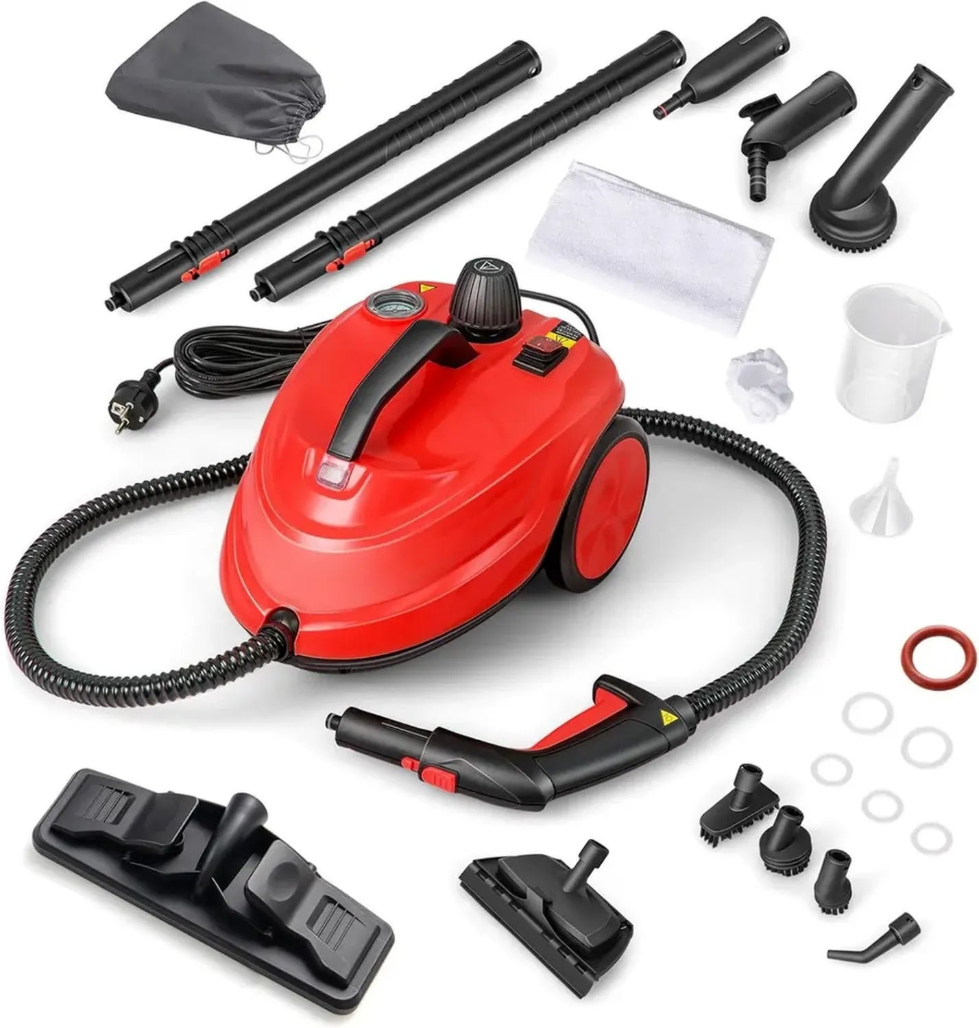 Nettoyeur vapeur multifonction 2000W, 16 accessoires, pression 4 bars, réservoir 1,5L, chauffage rapide 5-6 min, idéal pour tapis, vitres et rideaux (Rouge)