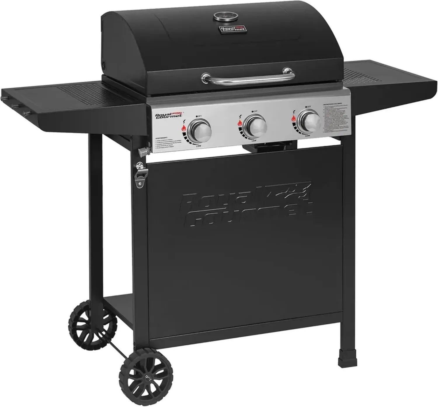 Barbecue à Gaz Royal Gourmet 3 Brûleurs, 9kW avec Capot, Grilles Émaillées et Tables Latérales