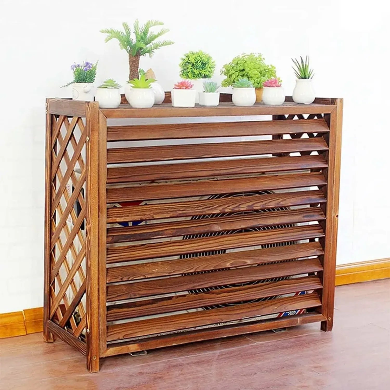 Écran Décoratif pour Climatiseur Extérieur avec Étagères à Fleurs en Bois - Volets Marron (110 x 50 x 105 cm)